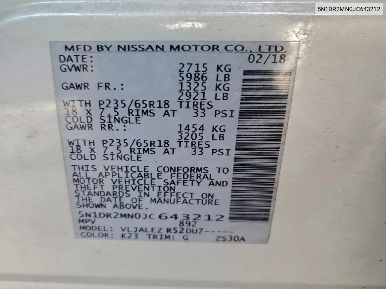 5N1DR2MN0JC643212 2018 Nissan Pathfinder S