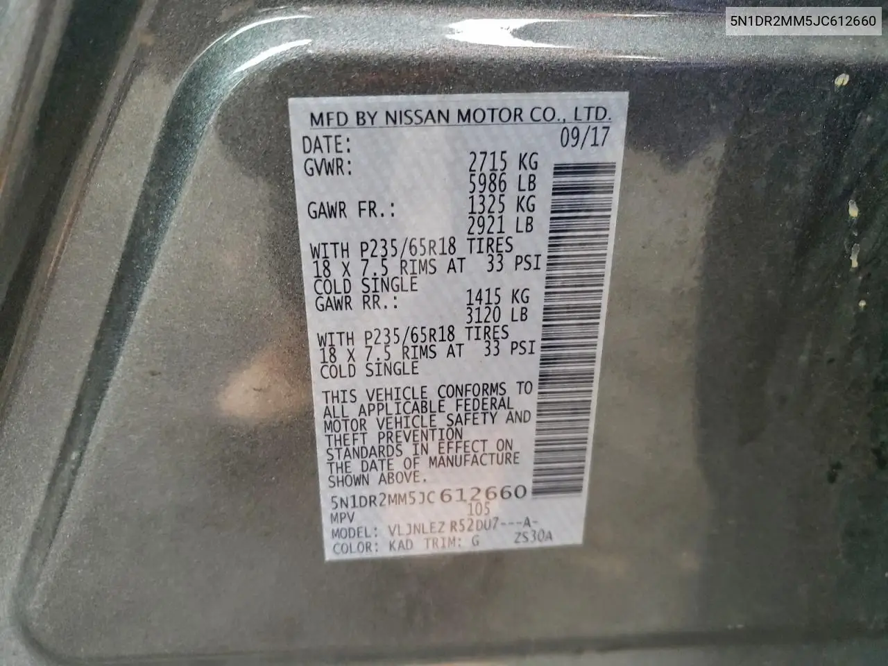 5N1DR2MM5JC612660 2018 Nissan Pathfinder S