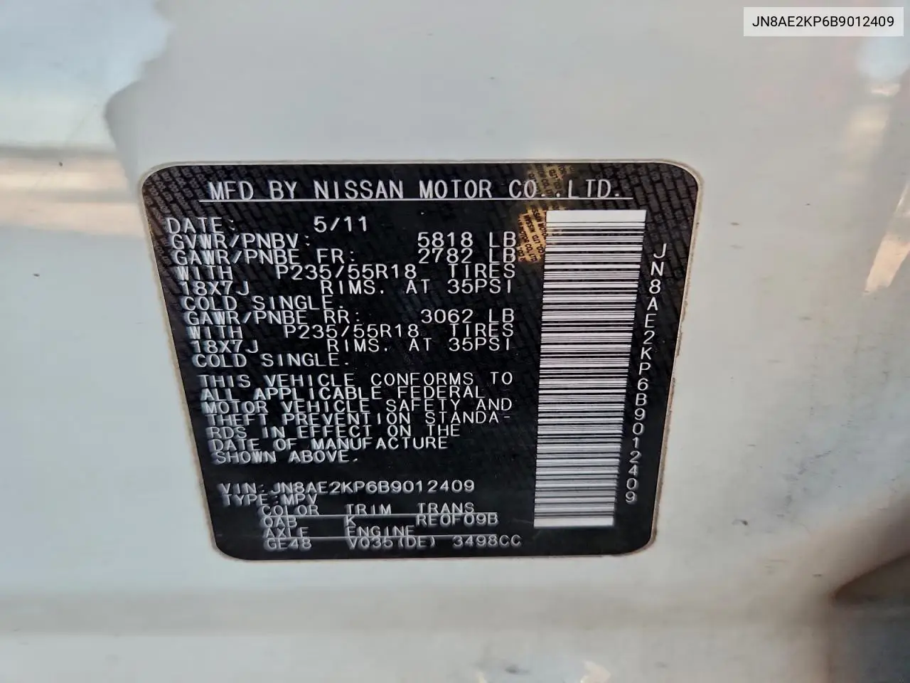JN8AE2KP6B9012409 2011 Nissan Quest S
