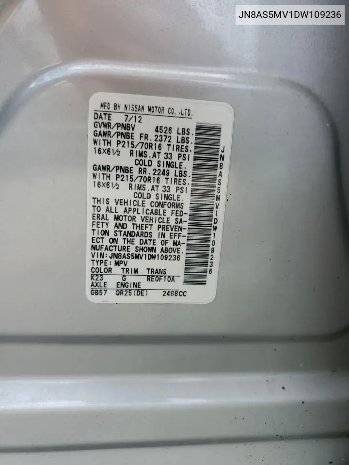 JN8AS5MV1DW109236 2013 Nissan Rogue S