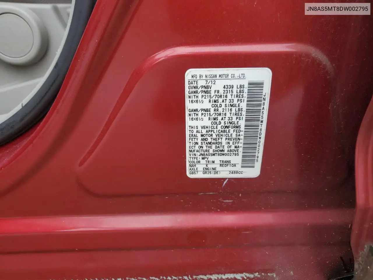 JN8AS5MT8DW002795 2013 Nissan Rogue S
