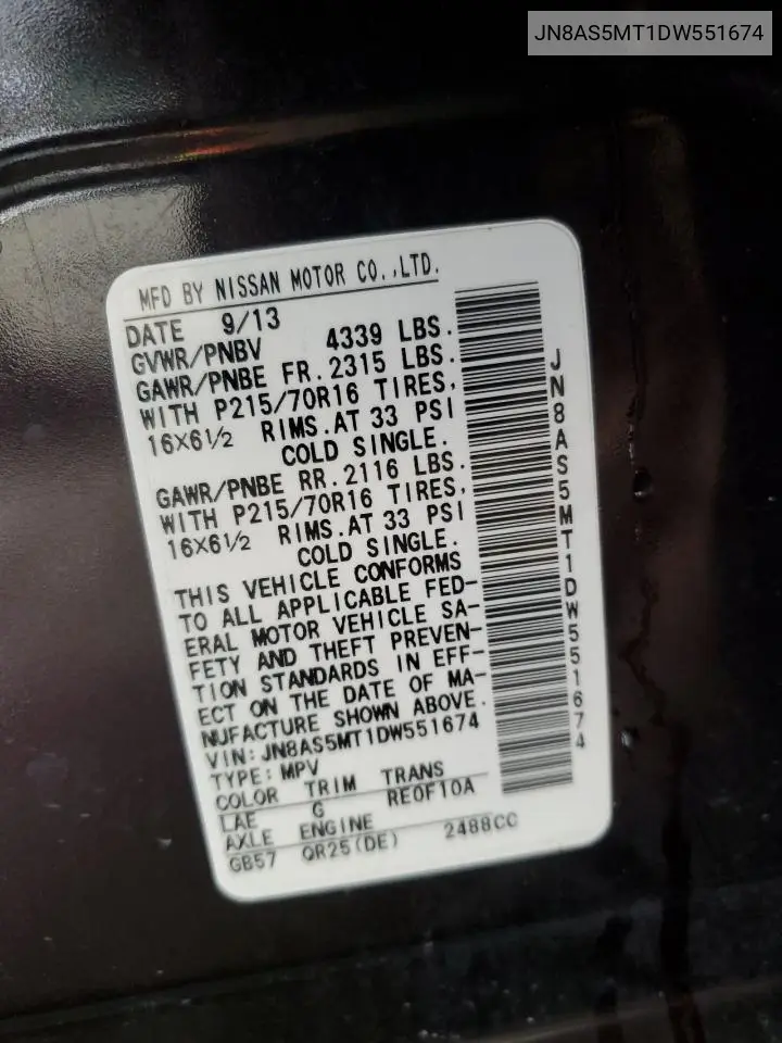 JN8AS5MT1DW551674 2013 Nissan Rogue S