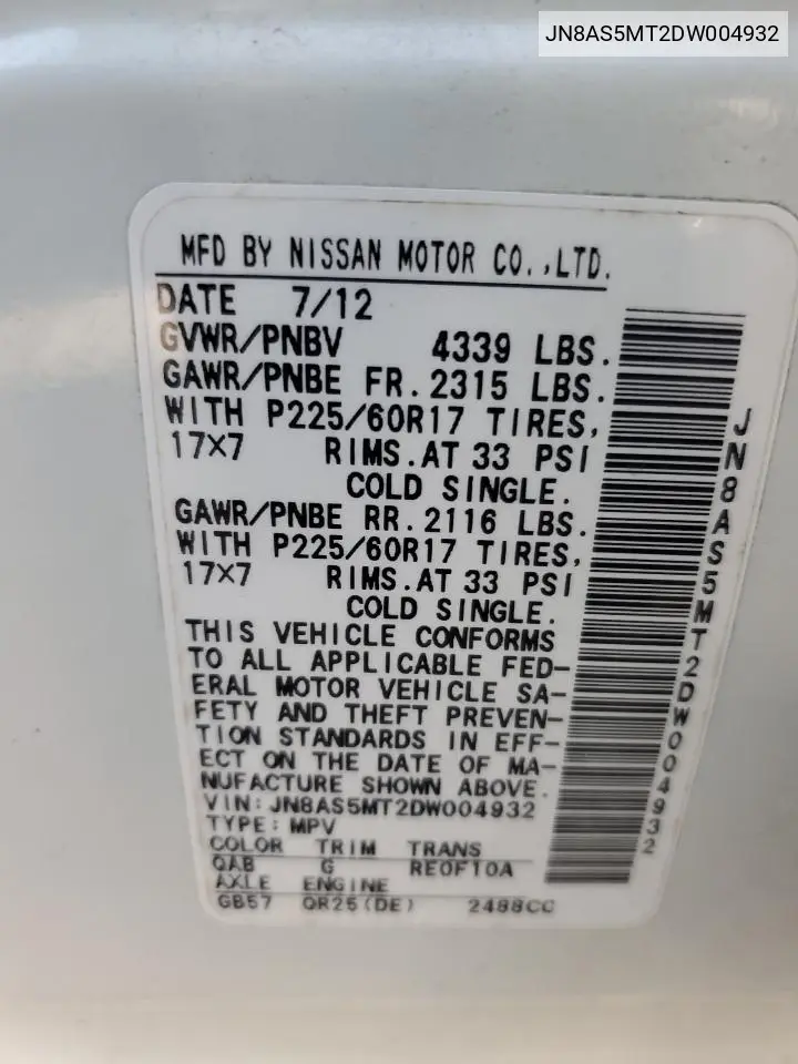 JN8AS5MT2DW004932 2013 Nissan Rogue S