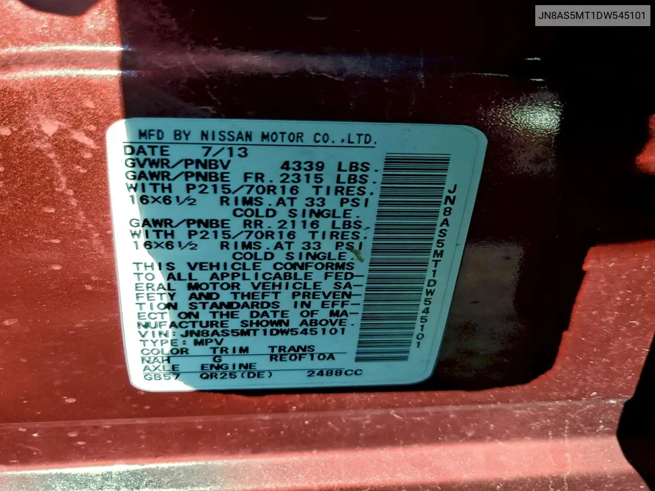 JN8AS5MT1DW545101 2013 Nissan Rogue S