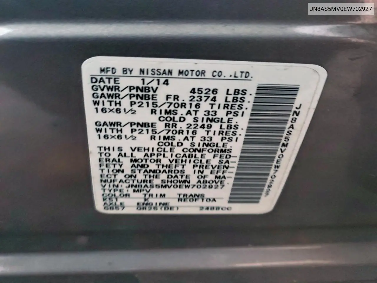 JN8AS5MV0EW702927 2014 Nissan Rogue Select S
