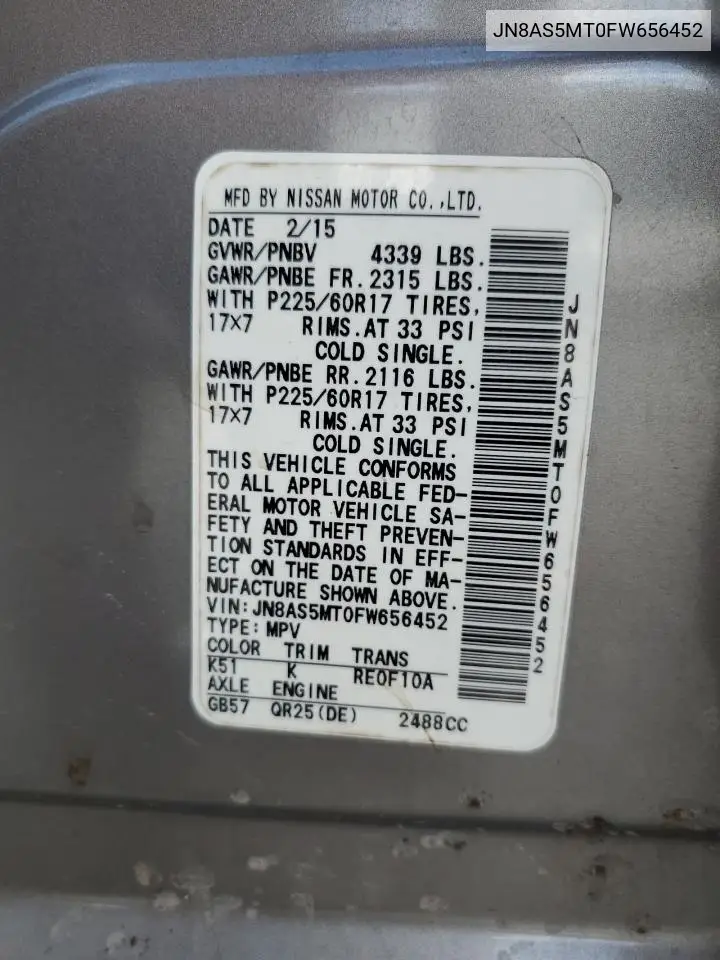 JN8AS5MT0FW656452 2015 Nissan Rogue Select S