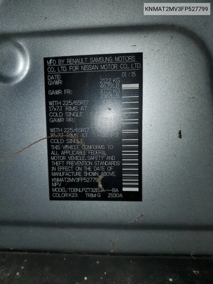 KNMAT2MV3FP527799 2015 Nissan Rogue S