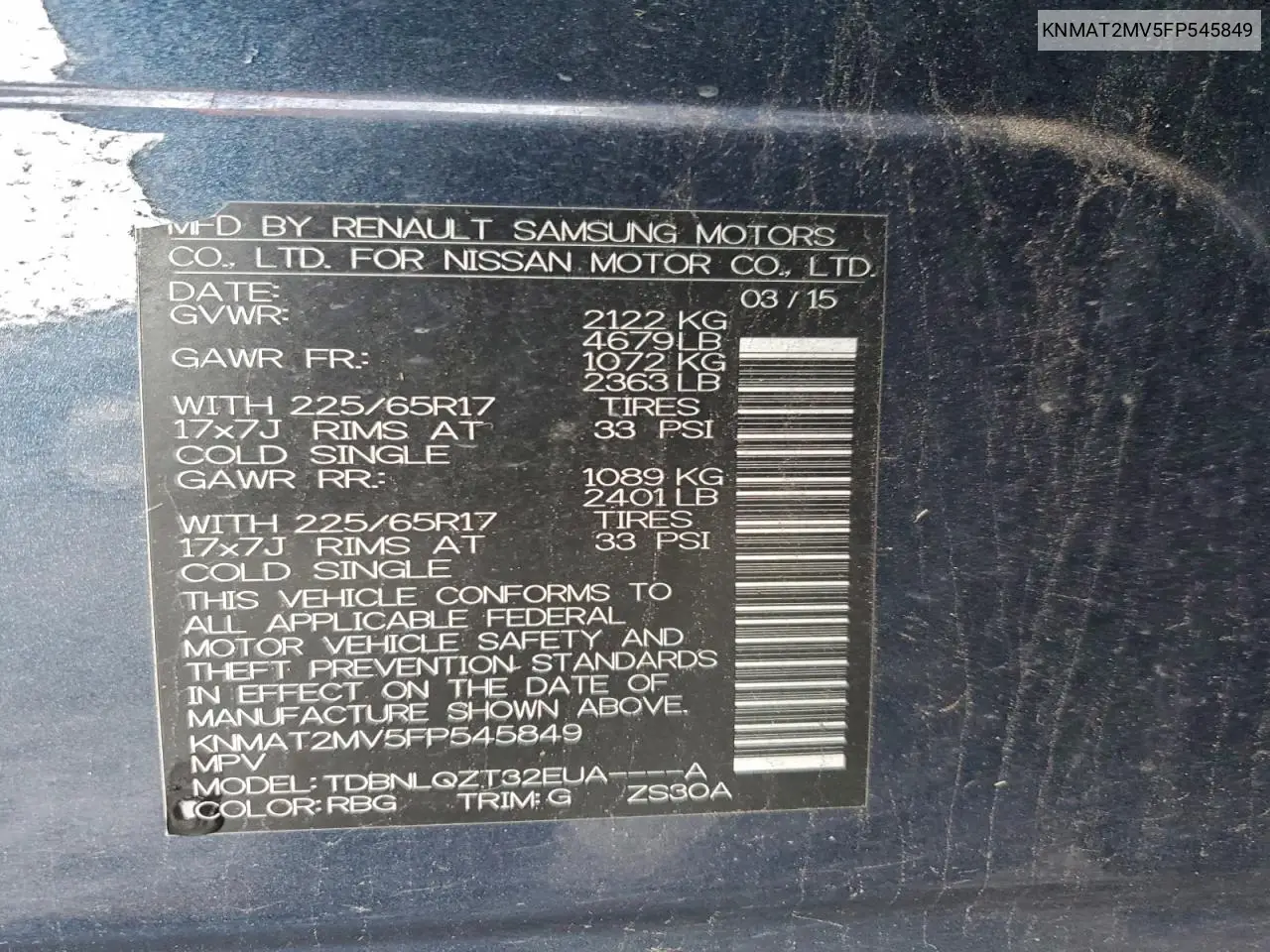 KNMAT2MV5FP545849 2015 Nissan Rogue S