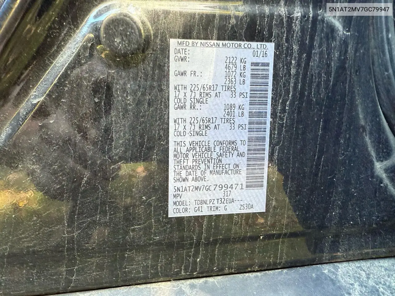 5N1AT2MV7GC799471 2016 Nissan Rogue S