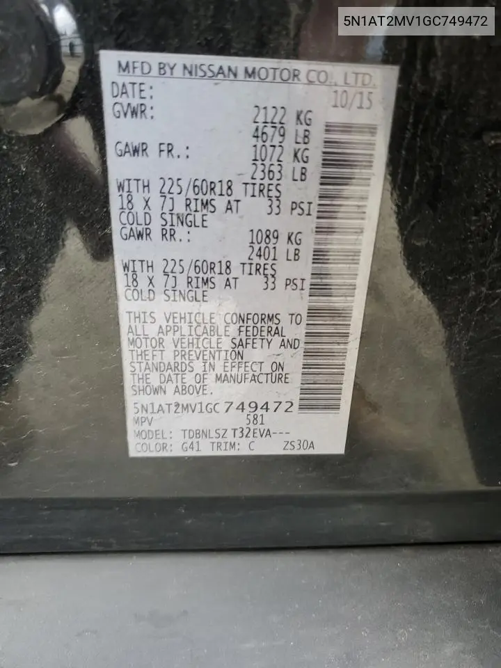 5N1AT2MV1GC749472 2016 Nissan Rogue S