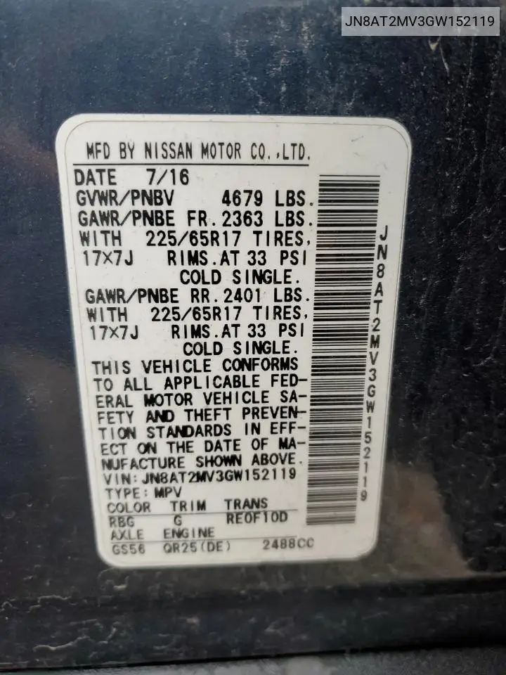 JN8AT2MV3GW152119 2016 Nissan Rogue S