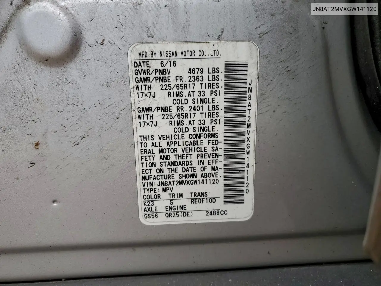 JN8AT2MVXGW141120 2016 Nissan Rogue S