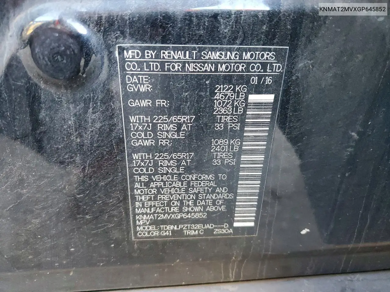 KNMAT2MVXGP645852 2016 Nissan Rogue S