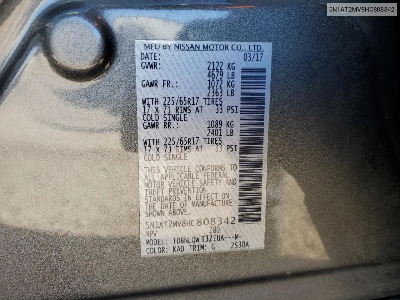 5N1AT2MV8HC808342 2017 Nissan Rogue Sv