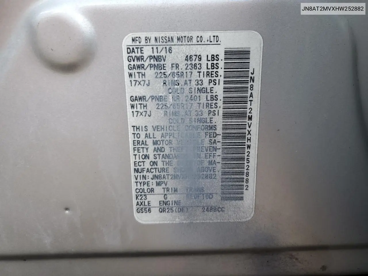 JN8AT2MVXHW252882 2017 Nissan Rogue S