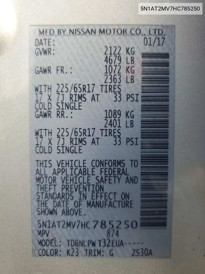 5N1AT2MV7HC785250 2017 Nissan Rogue Sv