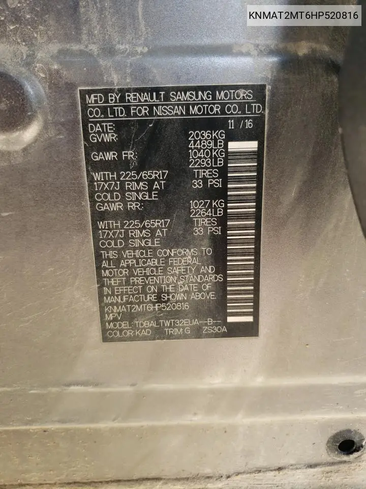 KNMAT2MT6HP520816 2017 Nissan Rogue S