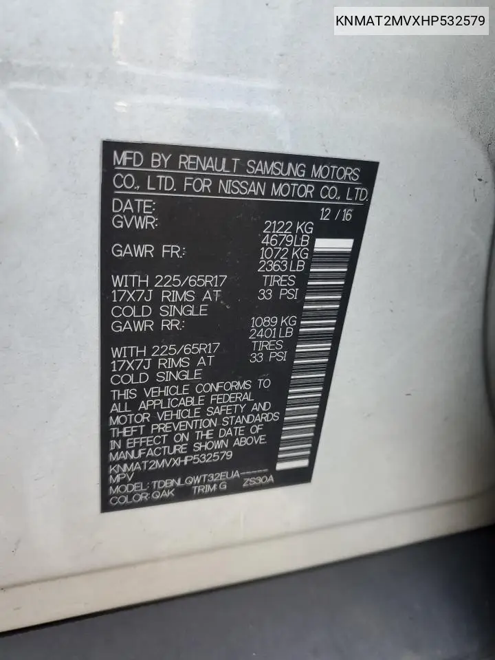 KNMAT2MVXHP532579 2017 Nissan Rogue S