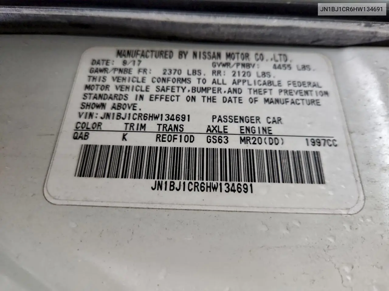 JN1BJ1CR6HW134691 2017 Nissan Rogue Sport S