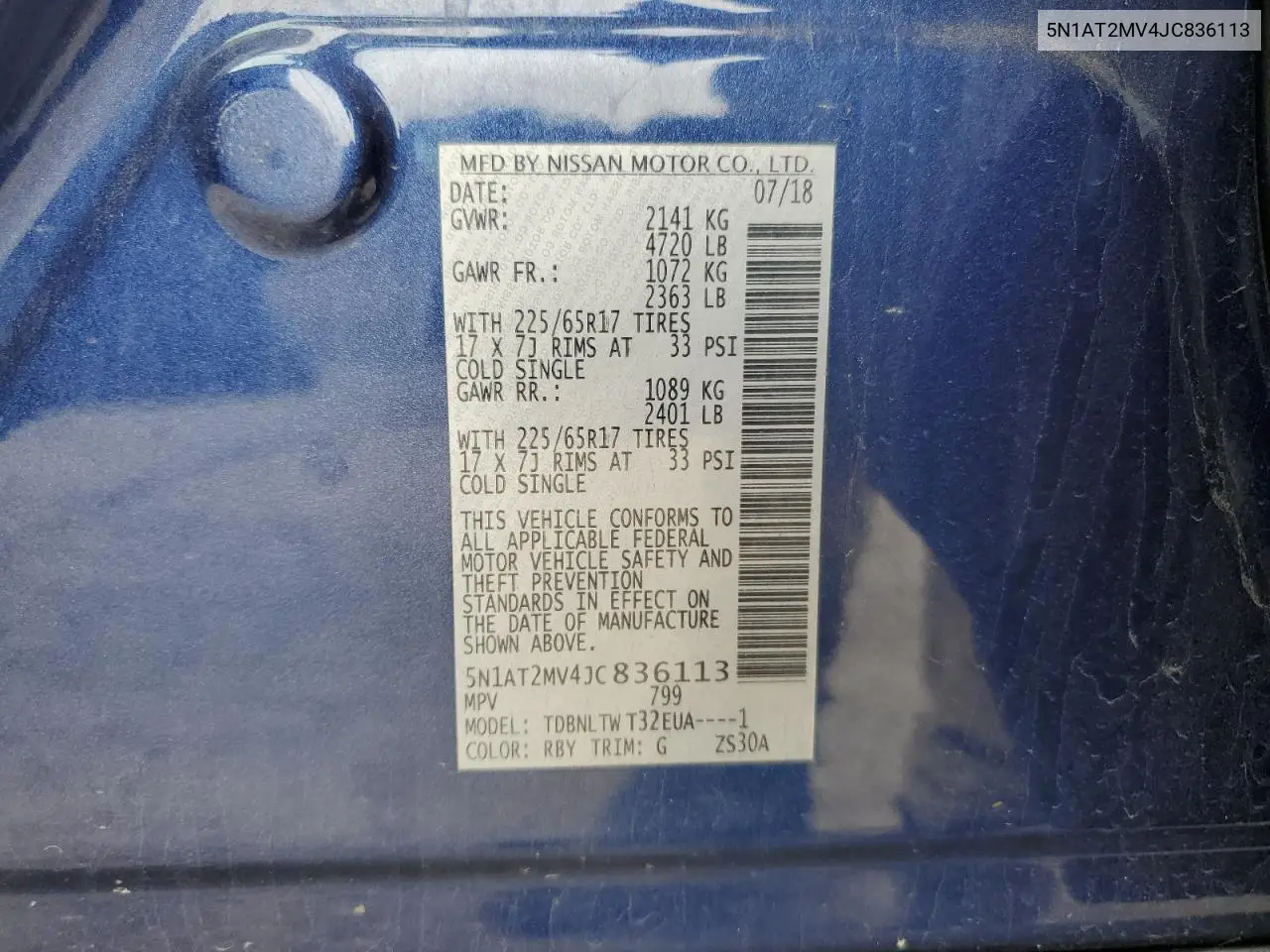 5N1AT2MV4JC836113 2018 Nissan Rogue S