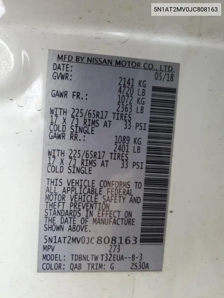 5N1AT2MV0JC808163 2018 Nissan Rogue S