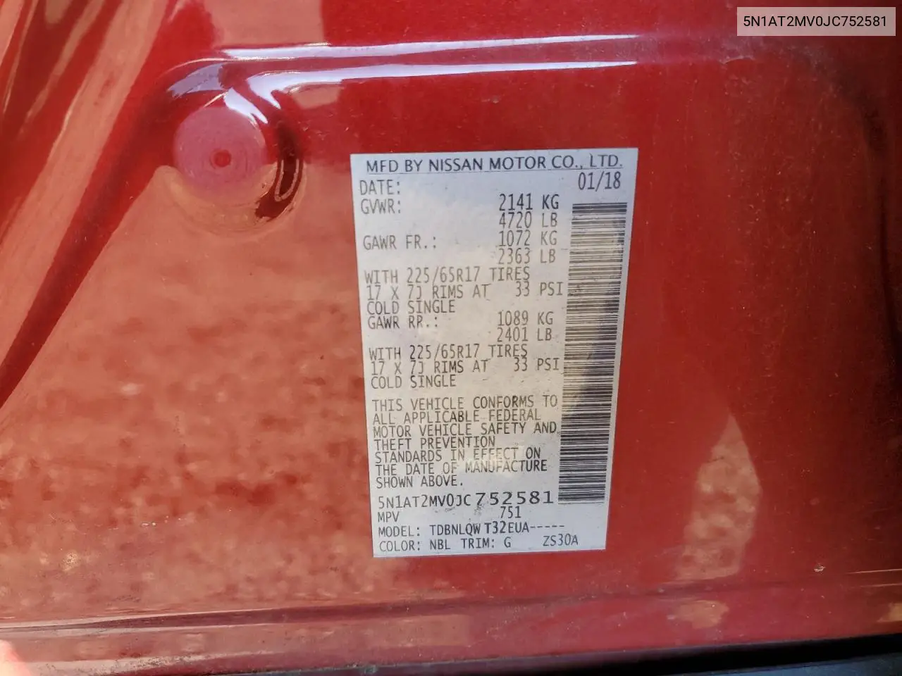 5N1AT2MV0JC752581 2018 Nissan Rogue S