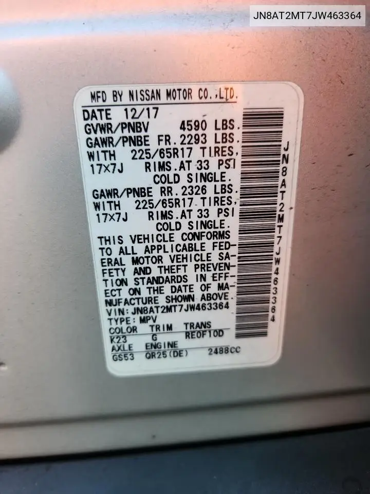 JN8AT2MT7JW463364 2018 Nissan Rogue S