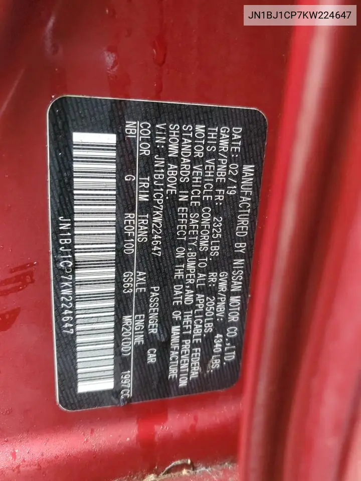 JN1BJ1CP7KW224647 2019 Nissan Rogue Sport S