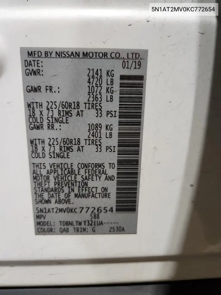5N1AT2MV0KC772654 2019 Nissan Rogue S