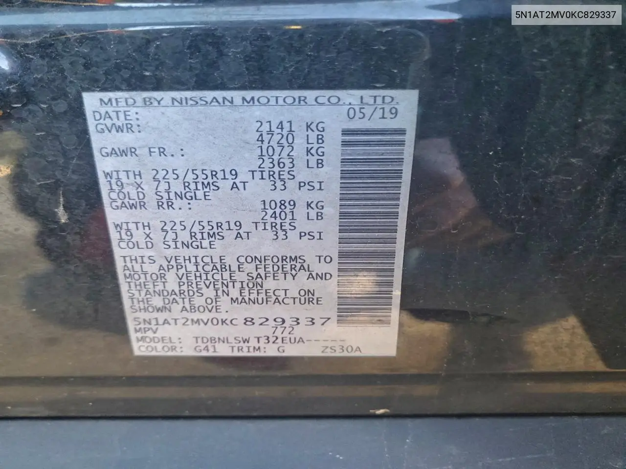 5N1AT2MV0KC829337 2019 Nissan Rogue S