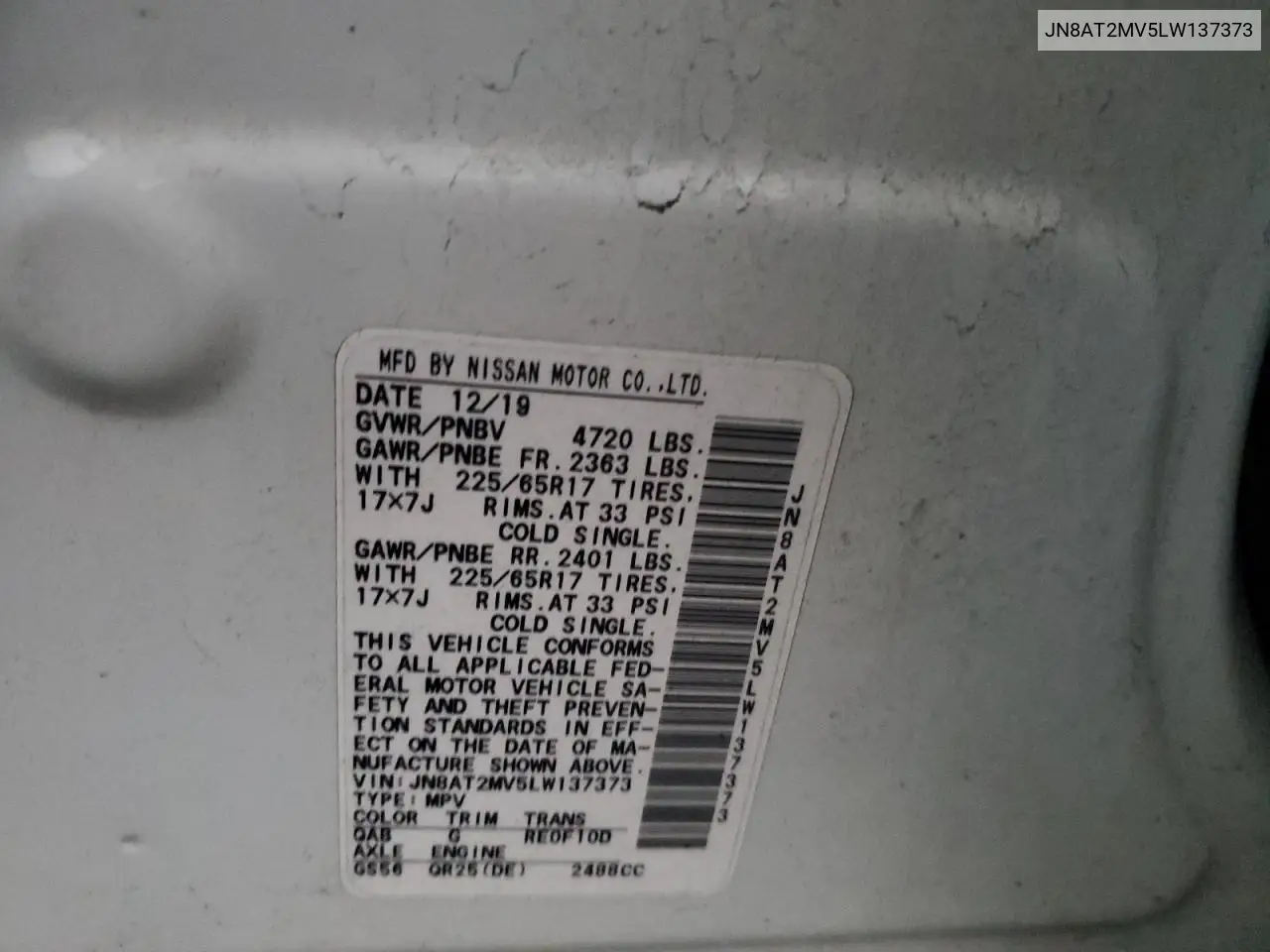 JN8AT2MV5LW137373 2020 Nissan Rogue S