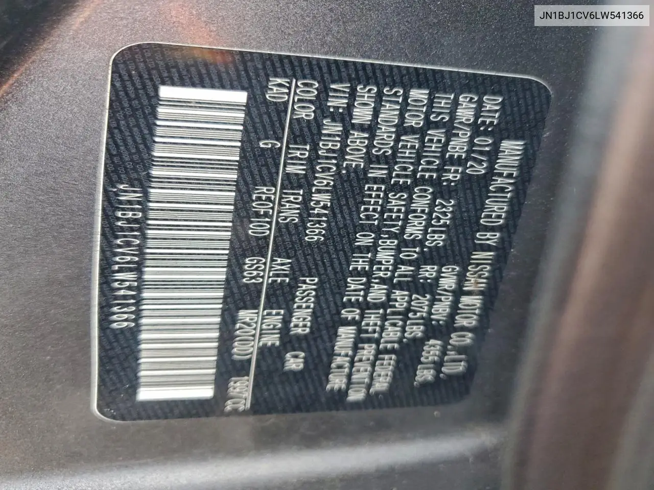 JN1BJ1CV6LW541366 2020 Nissan Rogue Sport S