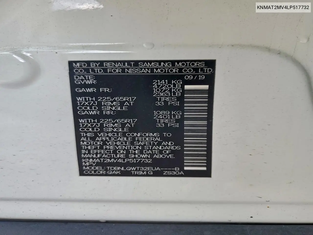 KNMAT2MV4LP517732 2020 Nissan Rogue S