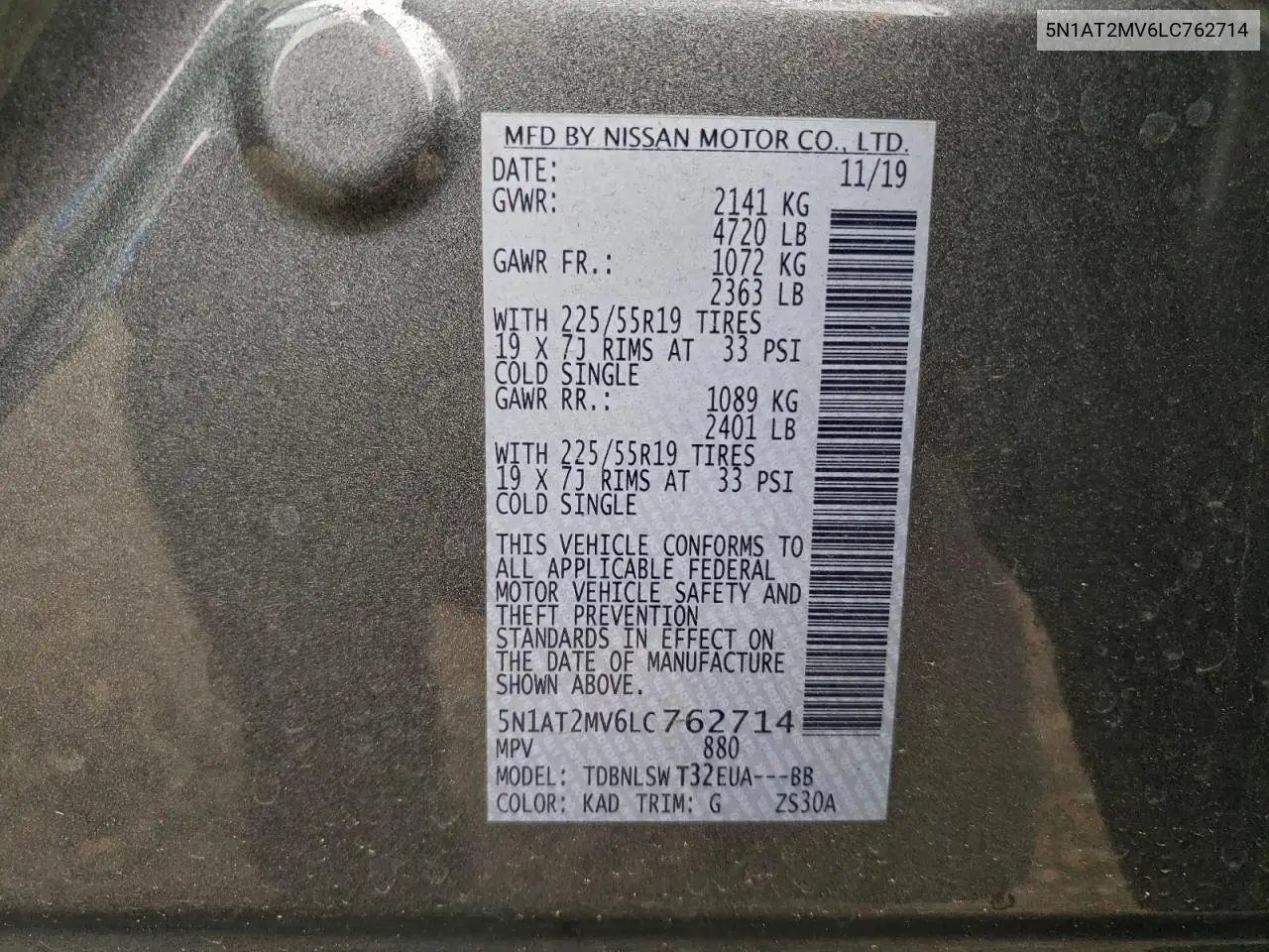 5N1AT2MV6LC762714 2020 Nissan Rogue S