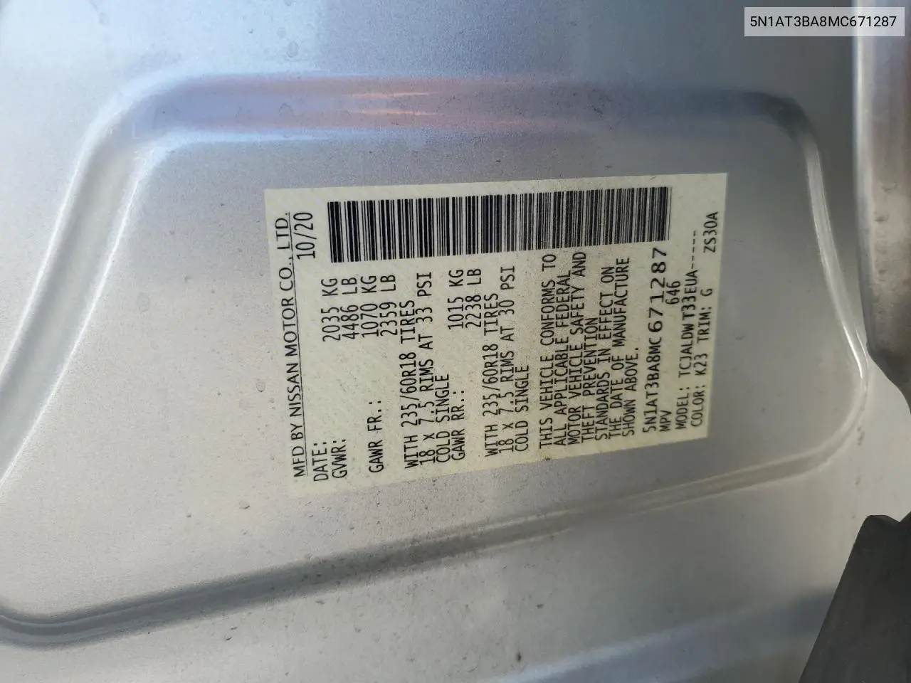 5N1AT3BA8MC671287 2021 Nissan Rogue Sv