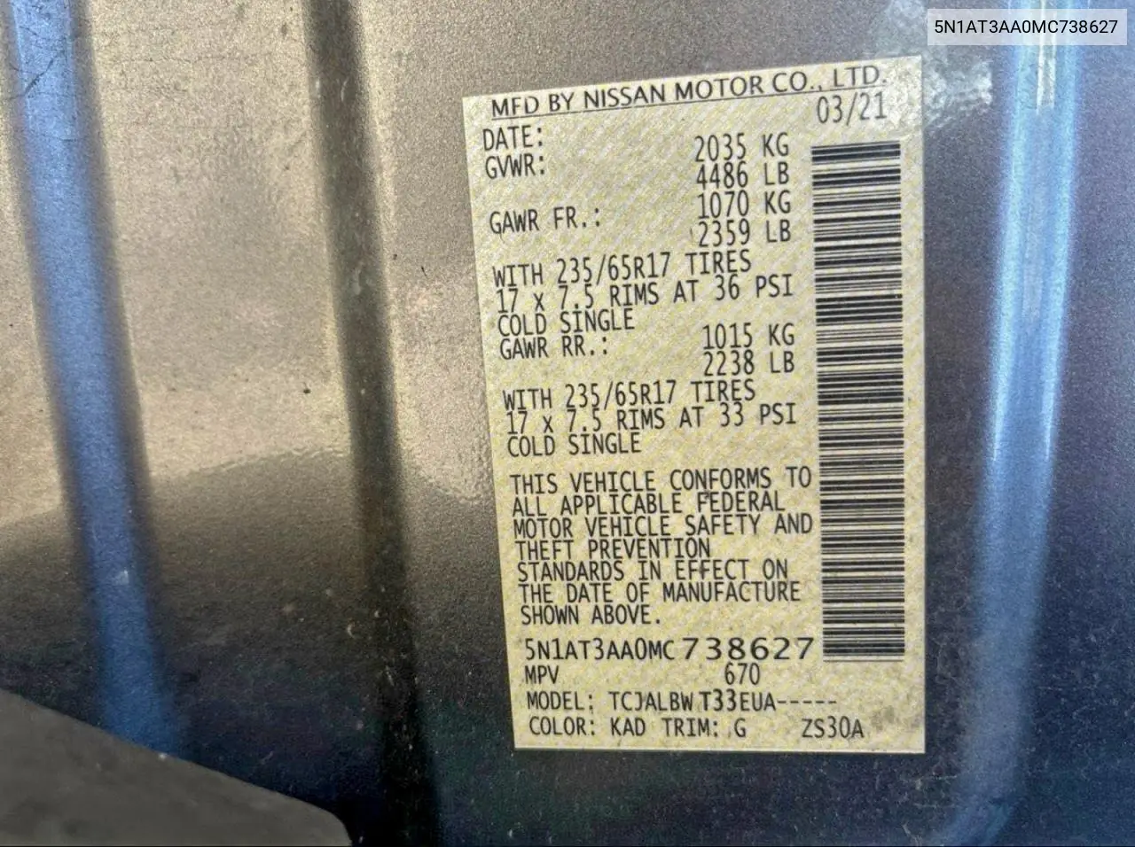 5N1AT3AA0MC738627 2021 Nissan Rogue S