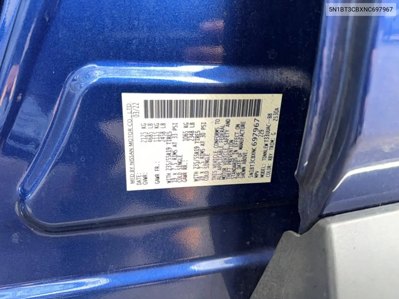 5N1BT3CBXNC697967 2022 Nissan Rogue Sl