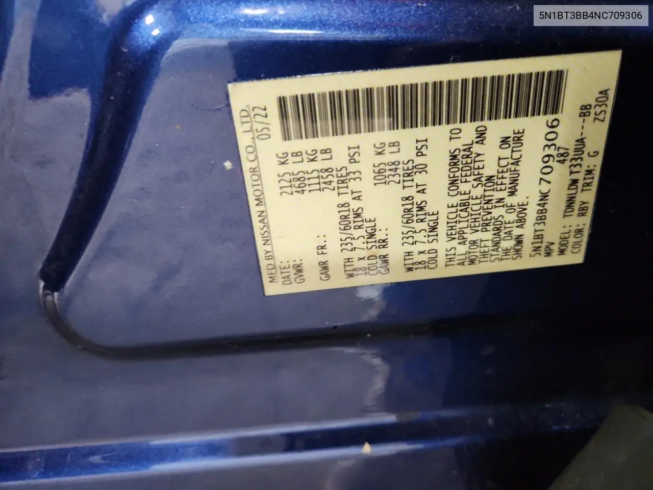 5N1BT3BB4NC709306 2022 Nissan Rogue Sv