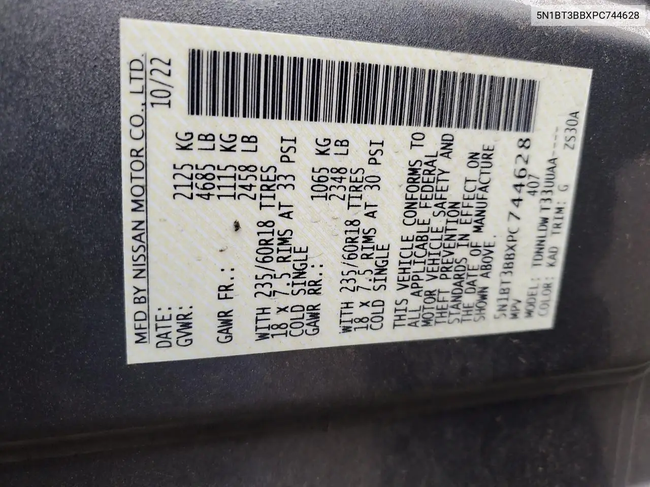5N1BT3BBXPC744628 2023 Nissan Rogue Sv