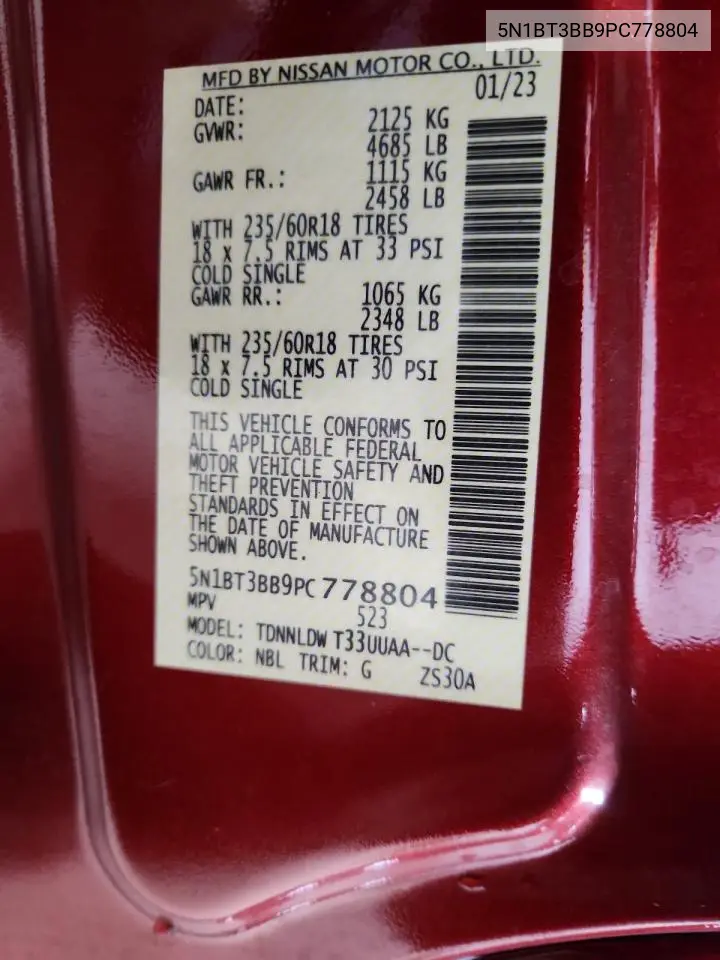 5N1BT3BB9PC778804 2023 Nissan Rogue Sv