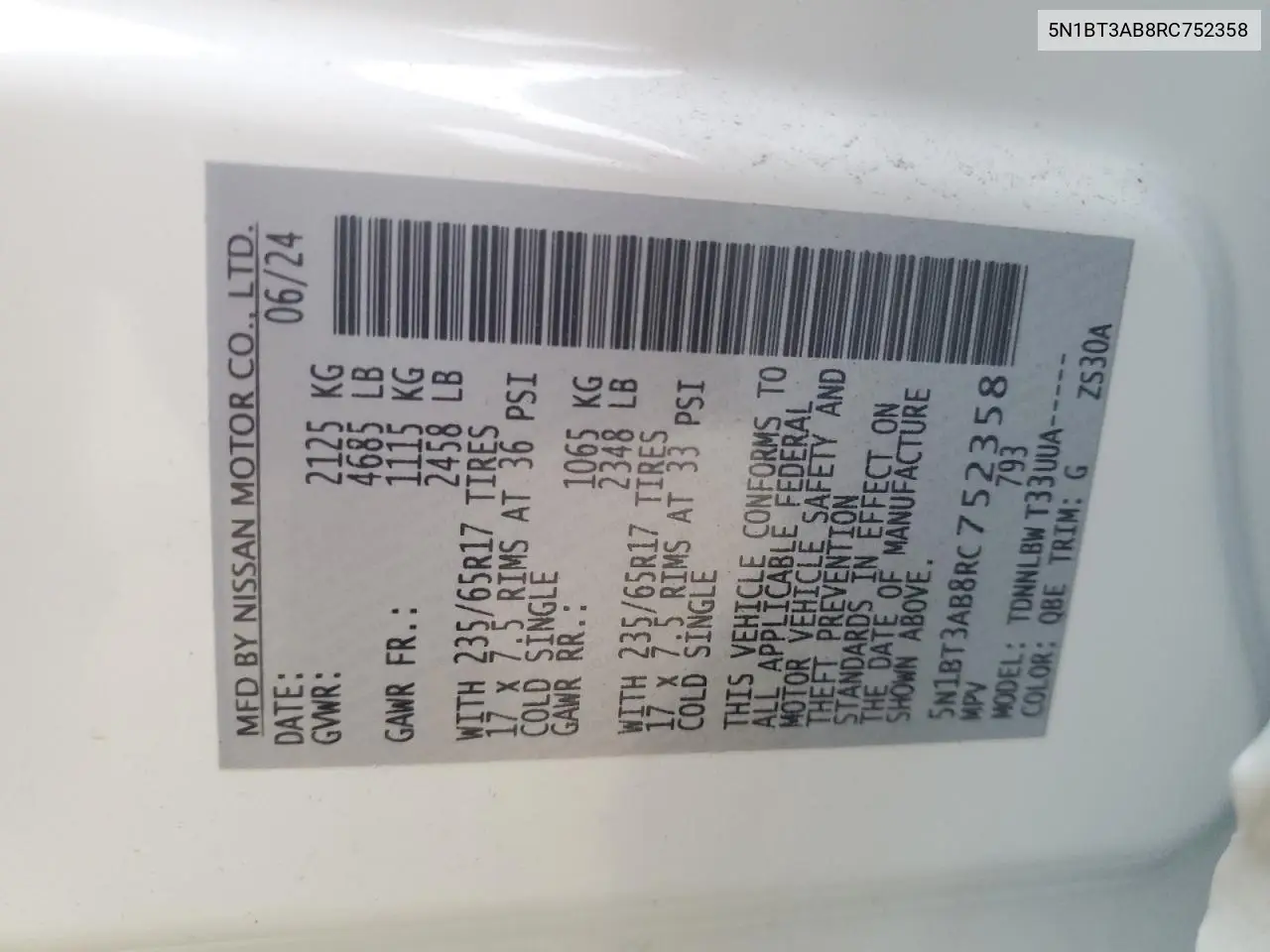 5N1BT3AB8RC752358 2024 Nissan Rogue S