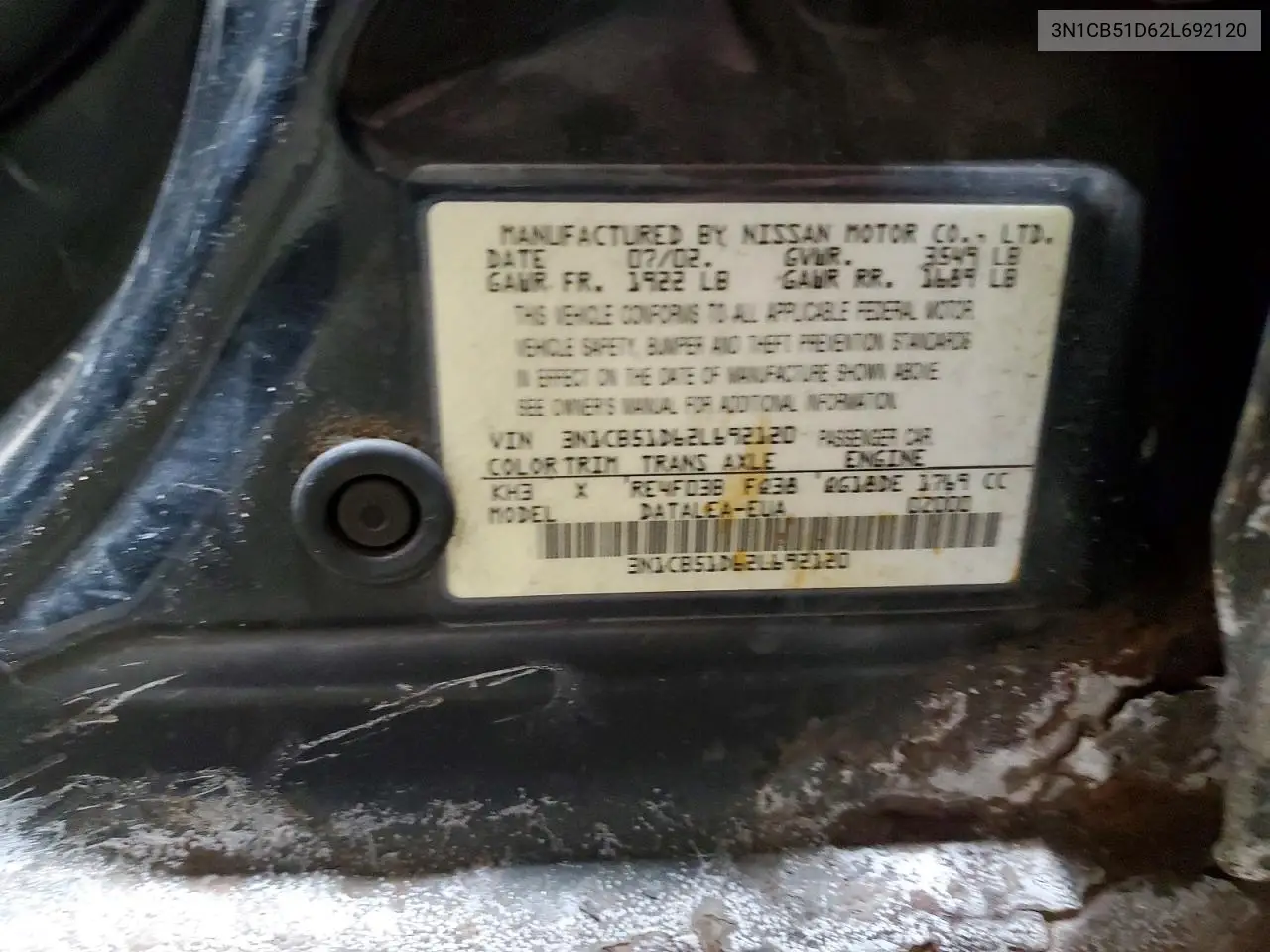 2002 Nissan Sentra Xe VIN: 3N1CB51D62L692120 Lot: 75842215