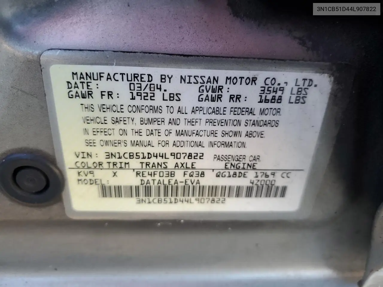 3N1CB51D44L907822 2004 Nissan Sentra 1.8