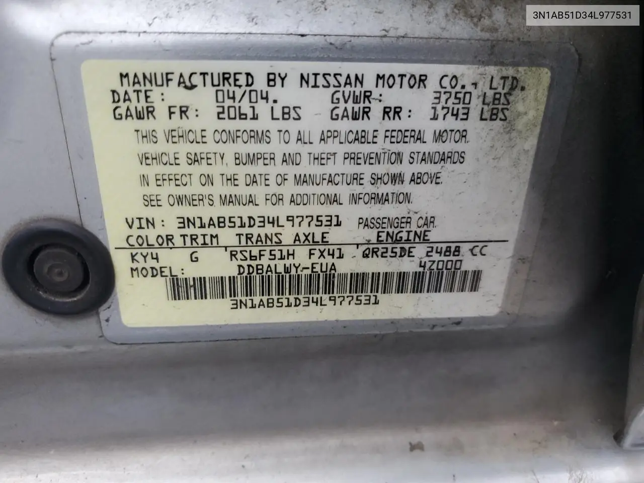 3N1AB51D34L977531 2004 Nissan Sentra Se-R Spec V