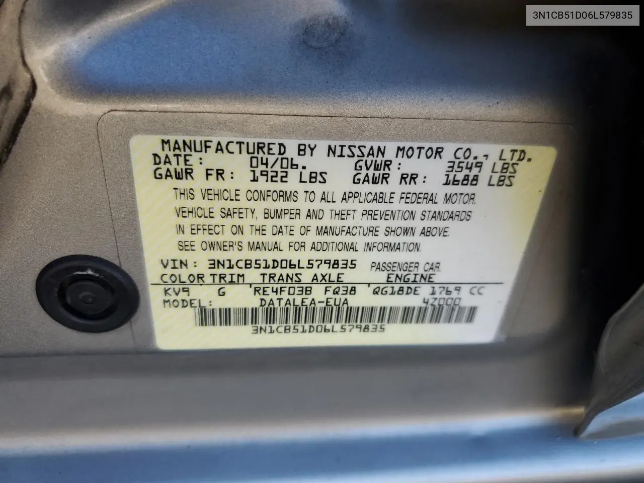 3N1CB51D06L579835 2006 Nissan Sentra 1.8