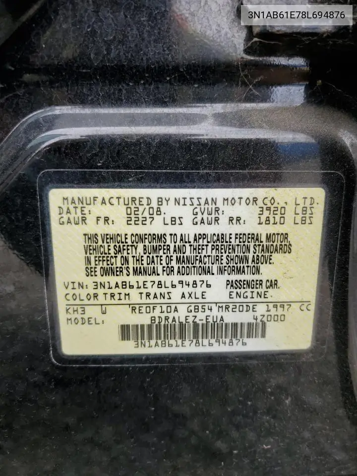 3N1AB61E78L694876 2008 Nissan Sentra 2.0