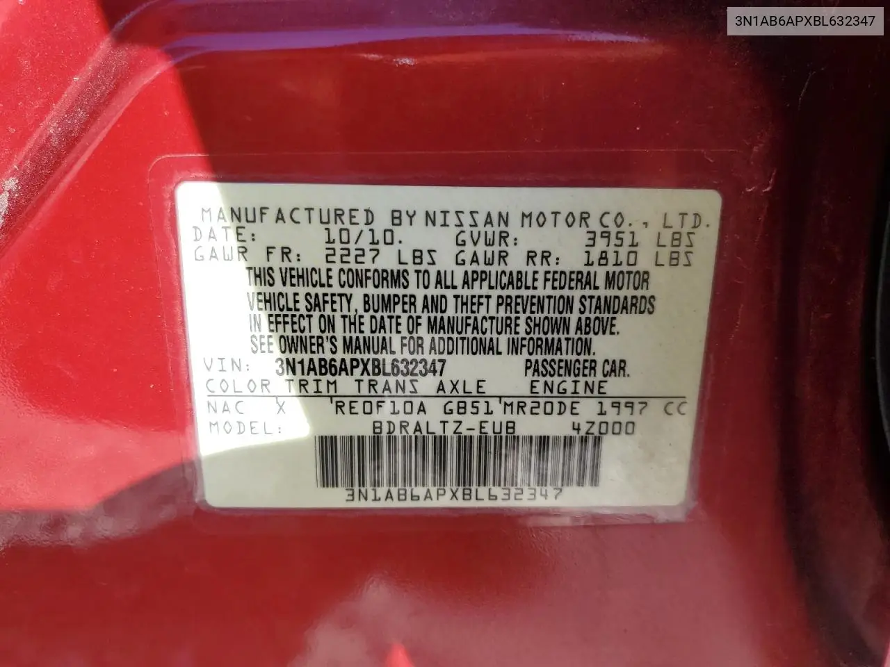 3N1AB6APXBL632347 2011 Nissan Sentra 2.0