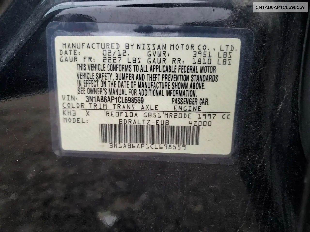 3N1AB6AP1CL698559 2012 Nissan Sentra 2.0
