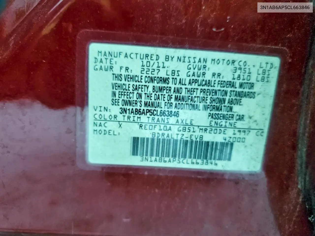 3N1AB6AP5CL663846 2012 Nissan Sentra 2.0