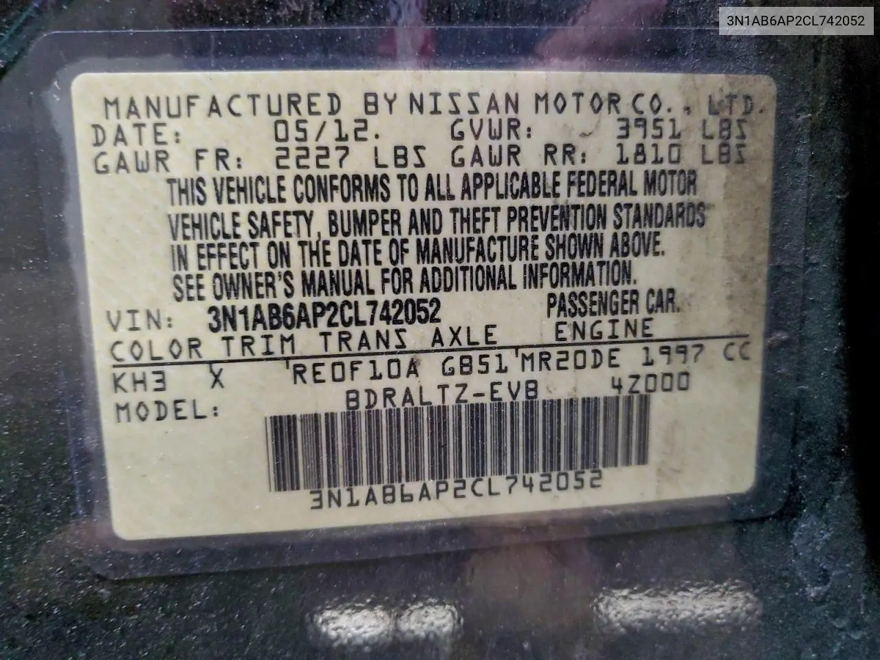 3N1AB6AP2CL742052 2012 Nissan Sentra 2.0